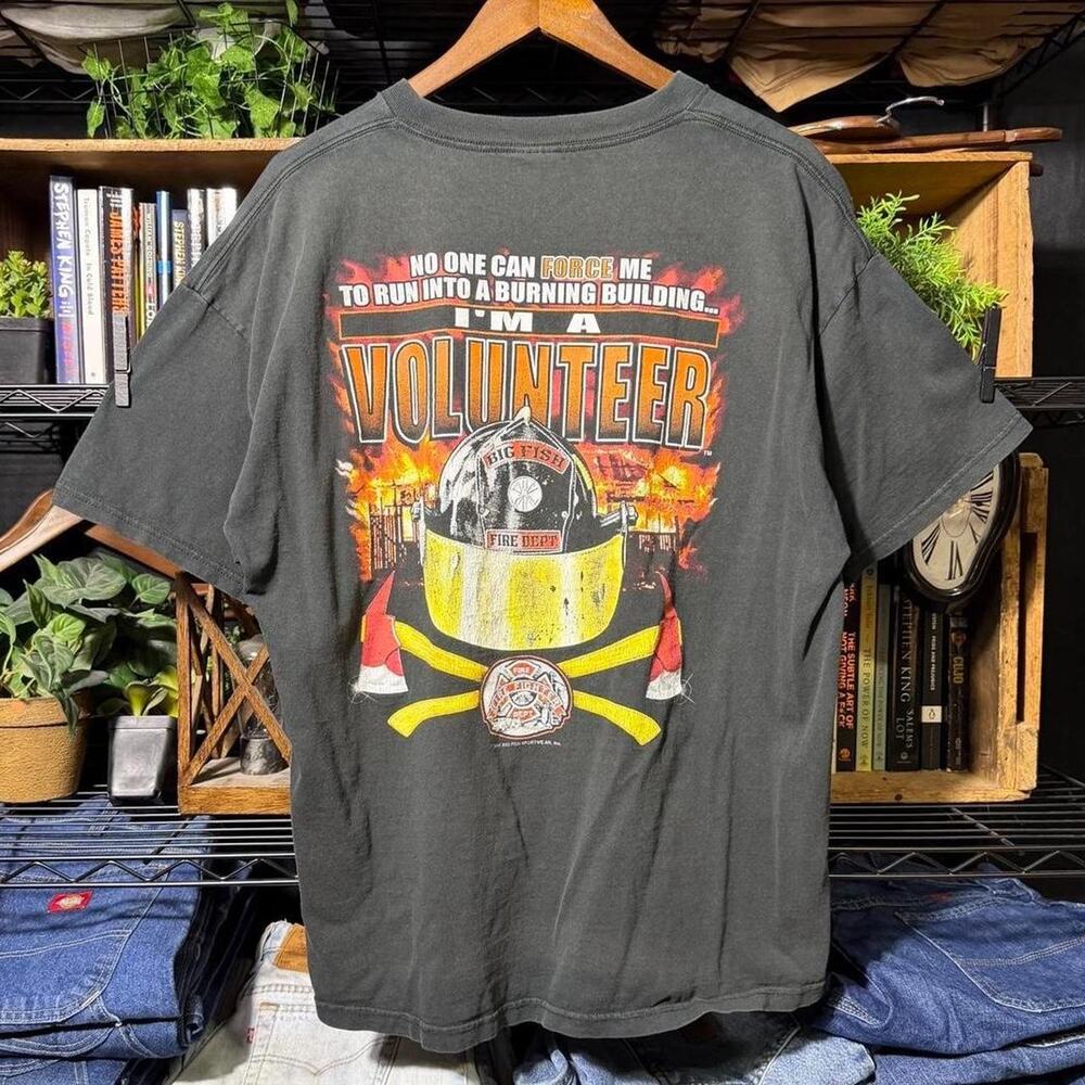 Vintage Y2K Fireman Tee Faded Black Double Sided Flames Firefighter Shirt Men XL